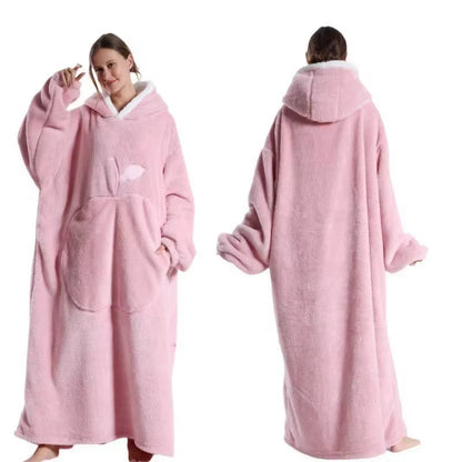 Extra Long Wearable Blankets Winter Flannel Hooded Blanket with Full Sleeves Men Women Cozy Soft Throw Adult TV Blanket