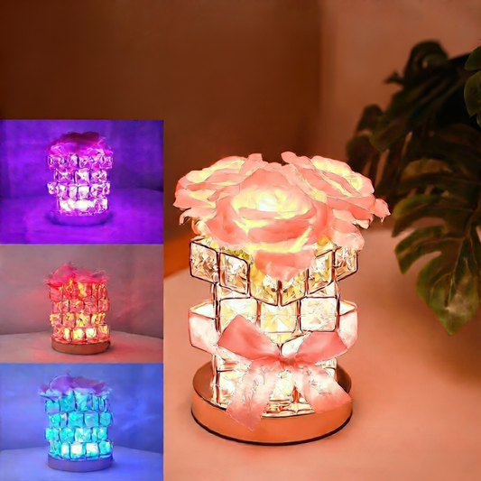 Decorative LED lamp with rose design and color-changing lights on a neutral background.